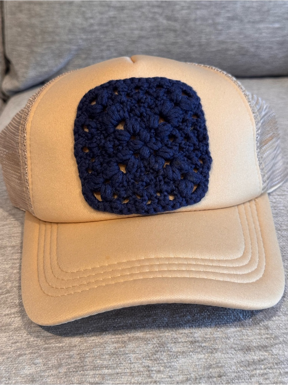 Beige Trucker Hat with Navy Crochet Square Grandma Hat